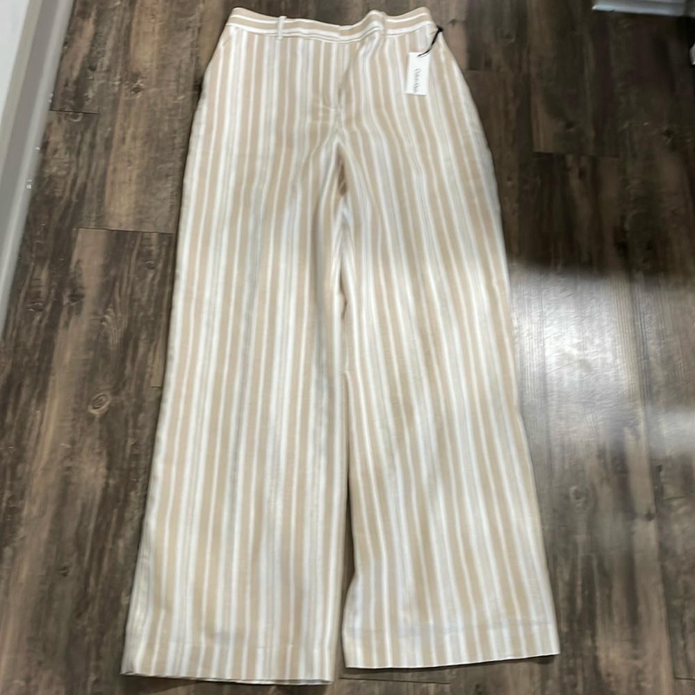 Calvin Klein Beige & White Striped Wide-Leg Pants - Picture 3 of 8
